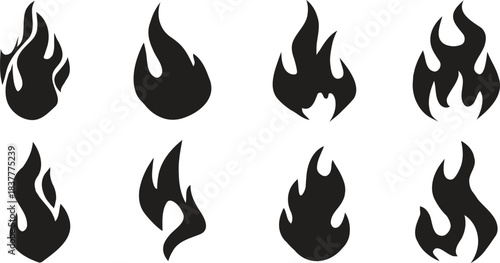 Black flame icon set featuring bold fire silhouettes. Minimal vector flames designed for clean graphic use. Perfect symbols for heat, energy, warning, and creative design themes.