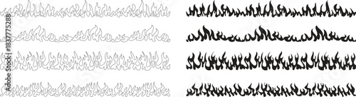 Flame icon set featuring multiple stylized fire shapes in outline and solid variations. These dynamic burning silhouettes are ideal for logos, stickers, signs, and bold graphic elements. Perfect 