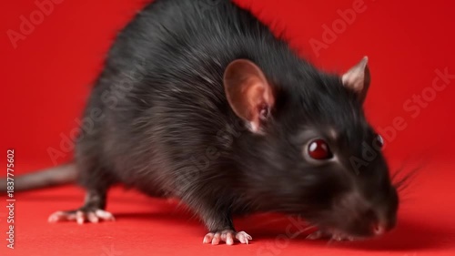A small black rat on a vivid red backdrop, sniffing forward with twitching whiskers and bright eyes