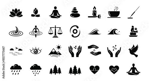 Collection of Black and White Meditation and Nature Symbols for Wellness and Spirituality