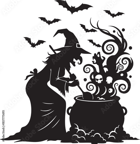 Witch Cauldron Magic Smoke Scene – Spooky Halloween Potion Illustration, Mystic Boiling Cauldron Vector