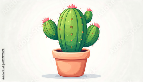 Vibrant green potted cactus illustration featuring delicate pink flowers, perfect for adding a touch of desert charm and natural beauty to any home or garden decor project