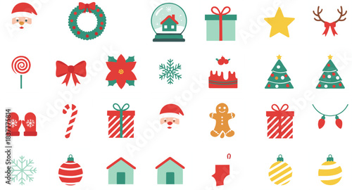 Flat Vector Set of Cute Christmas and Holiday Icons: Santa, Wreath, Gifts, and Snow Globe