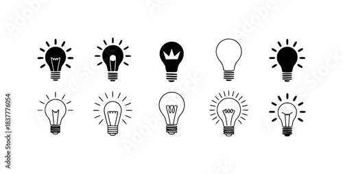 Collection of diverse light bulb icons representing ideas, innovation, and illumination