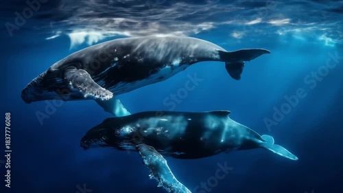 Three humpback whales glide underwater; sunlight filters through deep blue, inviting wonder and awe