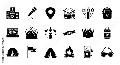 Festival Event Icons Set Featuring Speakers, Microphone, Stage, Camping Tent, and Fire