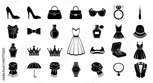 Fashion Accessories Icons Set Black and White for Elegant Style and Luxury Collection