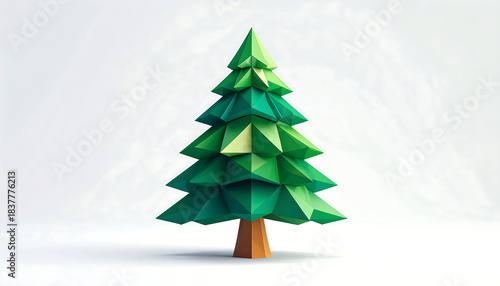 Geometric Green Christmas Tree Low Poly Style on White Background