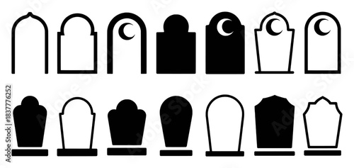 Collection of Islamic and Traditional Tombstone Silhouettes with Crescent Moons