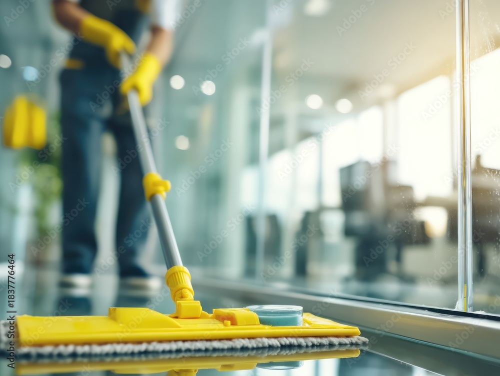 Fototapeta premium Person cleaning a floor with a mop in a modern office