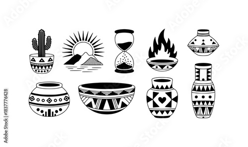 Collection of Southwestern-inspired pottery, cactus, hourglass, and sun over mountains