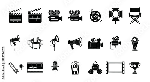 Film Industry Icons Featuring Camera, Reel, Megaphone, Popcorn, and Award Symbols for Cinema