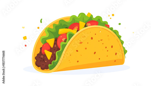 Delicious Cartoon Taco Illustration with Fresh Ingredients and Festive Confetti