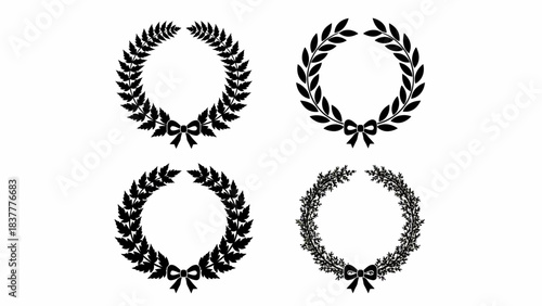 Collection of four ornamental laurel wreaths with bows, symbolizing achievement and victory