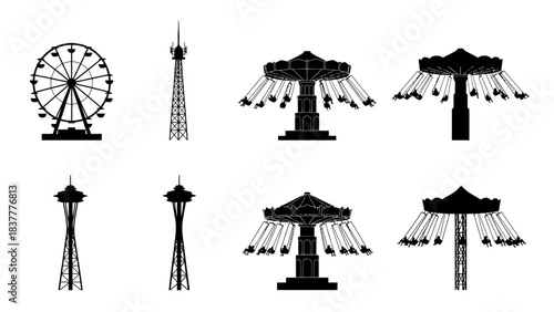 Vector collection featuring silhouettes of popular fairground attractions and landmark observation towers, perfect for travel and entertainment design projects