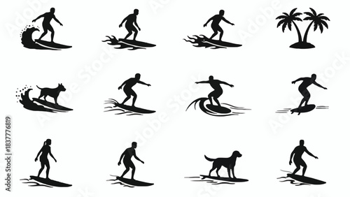 Surfing Silhouette Icons A Collection of Diverse Surfer and Dog Illustrations