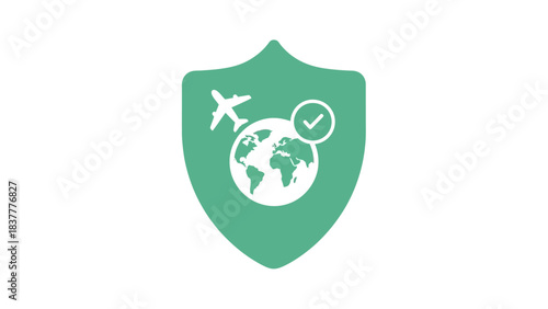 Secure global travel icon depicting a shield with a planet and airplane, representing safety and international journeys