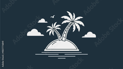 Serene Tropical Island Vector Art with Lush Palm Trees, Whispering Clouds, and Soaring Birds Over Calm Waters