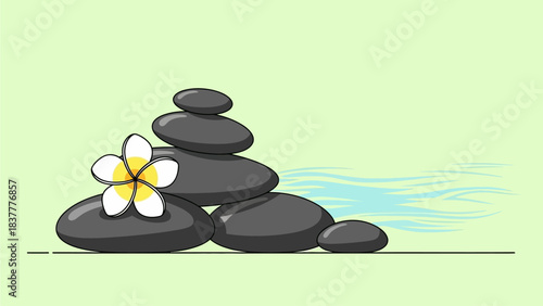 Balanced stack of smooth spa stones with a delicate frangipani bloom and soothing water ripples on a serene green canvas, embodying peace and natural harmony