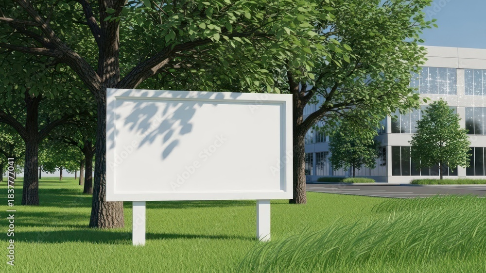 Fototapeta premium White blank billboard stands in grassy area near trees and building