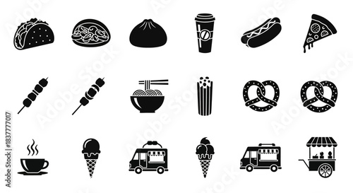 Food Icons Collection Featuring Popular Meals, Drink, Dessert, and Street Food Symbols