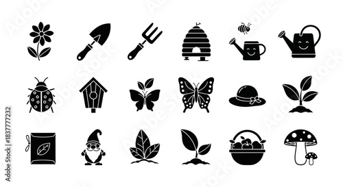 Gardening Icons Set Featuring Flower, Shovel, Pitchfork, Bee, and Watering Can Symbols