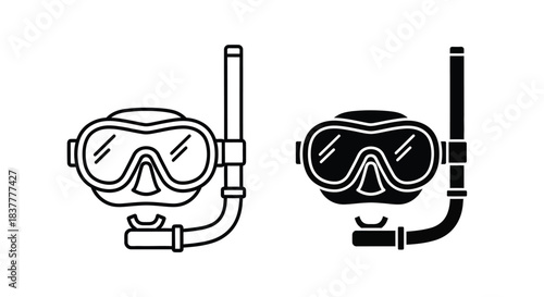 Snorkel Mask Icon Set - Diving Goggles with Snorkel, Color and Black Silhouette Versions