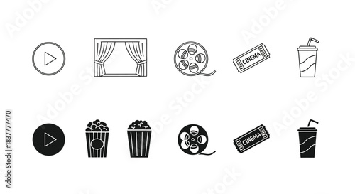 Cinema and Movie Icon Set - Theater, Film Reel, Popcorn, Ticket and Soda Minimal Icons
