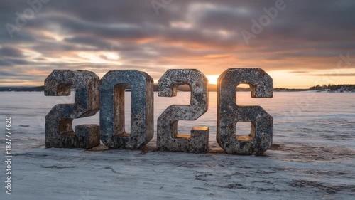 Massive stone digits read 2026 on a frozen field, sunset glow over pale snowlit plains under clouds!