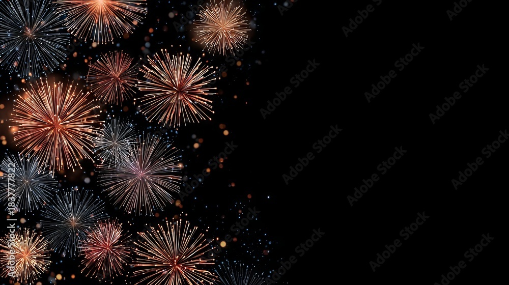 Fototapeta premium Festive fireworks banner on dark black background with colorful sparkling light bursts and copy space for New Year holiday celebration party invitations greeting cards and event promotion
