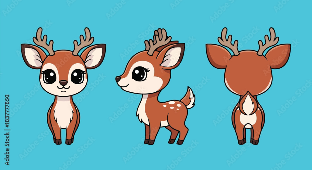 Naklejka premium Cute Cartoon Deer Character Turnaround – Front, Side, and Back View on Blue Background