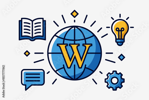A vibrant illustration of a blue globe with a prominent yellow 'W', encircled by icons symbolizing knowledge, innovation, communication, and settings, representing global information and learning.