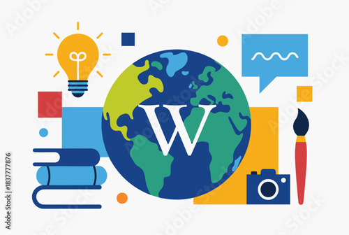 Illustration of a global knowledge network with icons representing learning, creativity, and communication around a world globe.