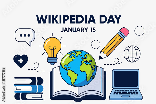 Wikipedia Day January 15 illustration with icons of a globe, open book, lightbulb, pencil, laptop, and chat bubble representing knowledge and technology.