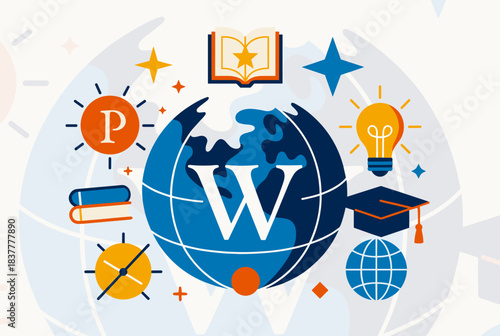 Global knowledge sharing and education concept with Wikipedia-like globe and various learning icons.