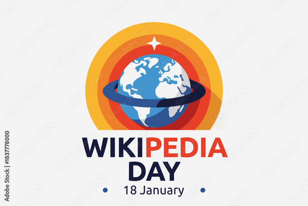 Fototapeta premium Wikipedia Day logo with a blue globe, a ring, and concentric orange circles, celebrating the 18th of January.