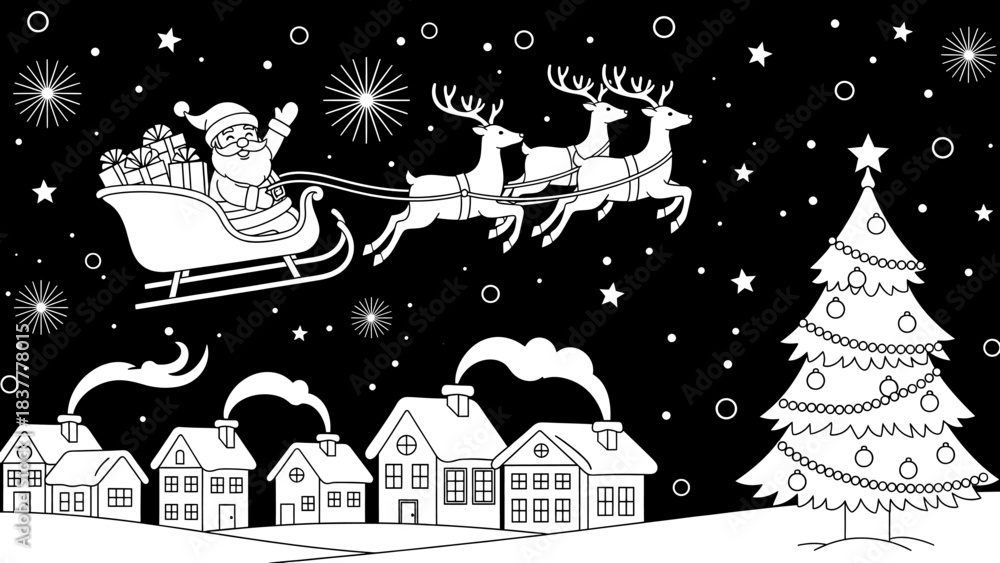 Fototapeta premium Santa claus flying in sleigh with reindeer over snowy village and decorated christmas tree at night