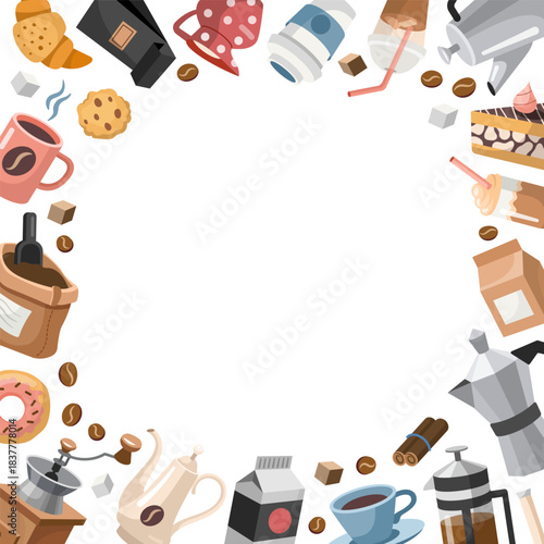 Coffee round frame, copy space. Hand drawn cartoon Style design with different objects on Coffee Theme. Vector illustration
