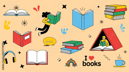 Diverse characters and elements celebrating the joy of reading and books, conceptual illustration