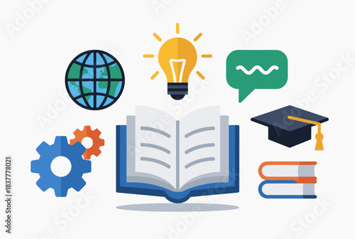 Illustration of various educational and knowledge-related icons including a globe, lightbulb, open book, gears, speech bubble, and graduation cap.