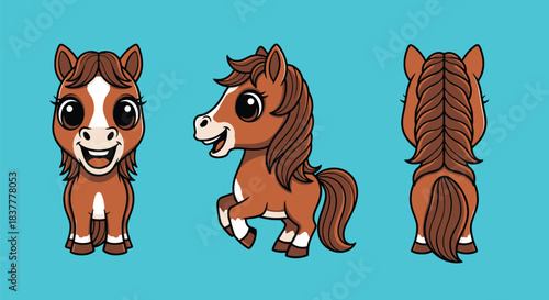Adobe Illustrator ArtworkCute cartoon brown horse character in three different views: front, side, and back, on a blue background.