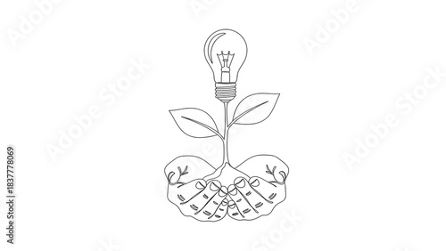 Hands cradle growing plant with light bulb instead of flower, symbolizing new idea