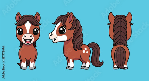 Cute cartoon brown horse character in three different views: front, side, and back, on a blue background.