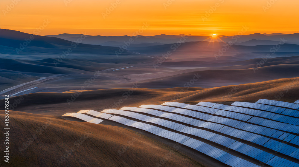 Fototapeta premium Solar Panels in Sunset: The image showcases a breathtaking landscape with a field of solar panels basking in the warm glow of sunset.
