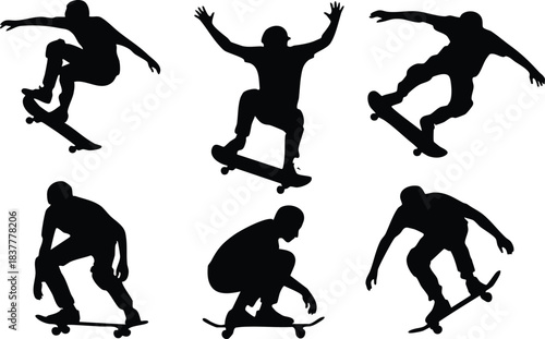 Skateboarder Silhouettes Vector Set, Extreme Sports Skateboarder Silhouettes, Skater Tricks and Poses Vector Collection, Dynamic Black and White Skateboarding Figures, Skateboarding Jumps .