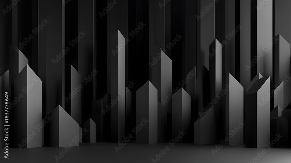 Fototapeta premium Monochromatic Abstraction: A captivating abstract composition of angular, geometric shapes in varying heights and depths, creating a sophisticated and modern visual experience.