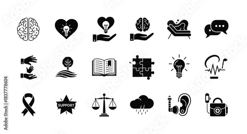 Mental Health Awareness Icons Support and Wellness Symbols Pack for Psychology and Therapy