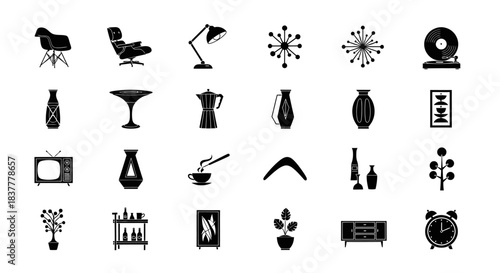 Mid Century Modern Icon Set Featuring Vintage Furniture and Interior Decor Items Collection