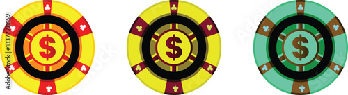 Casino poker chips set with dollar symbol in colorful circular designs