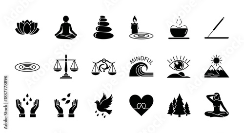 Mindfulness Meditation Icons Set Featuring Yoga, Wellness, and Spiritual Elements Collection